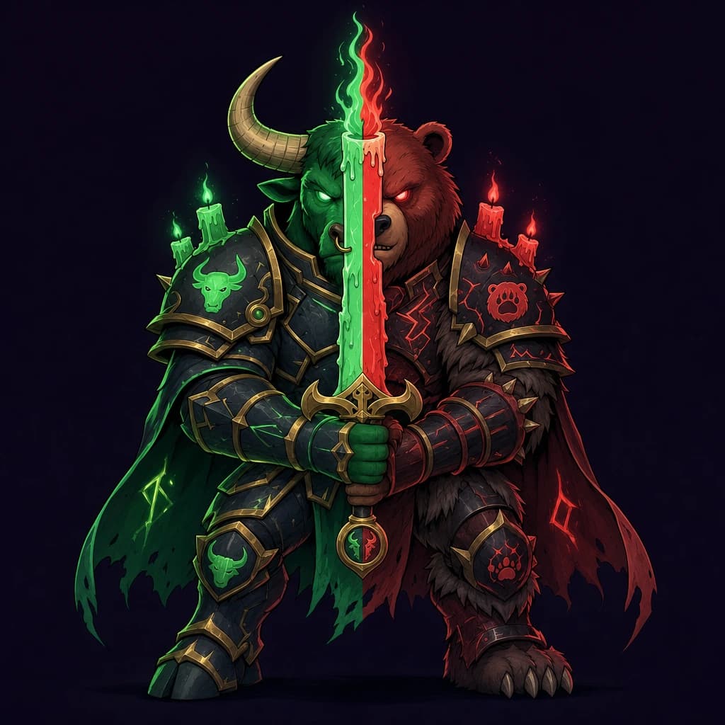 The PVP Arena warrior, split between the green Pump side and the red Dump side